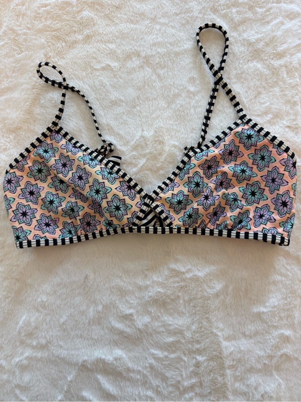 Heart and Harmony Floral Triangle Bikini Top Pink Black White Stripe Trim Womens